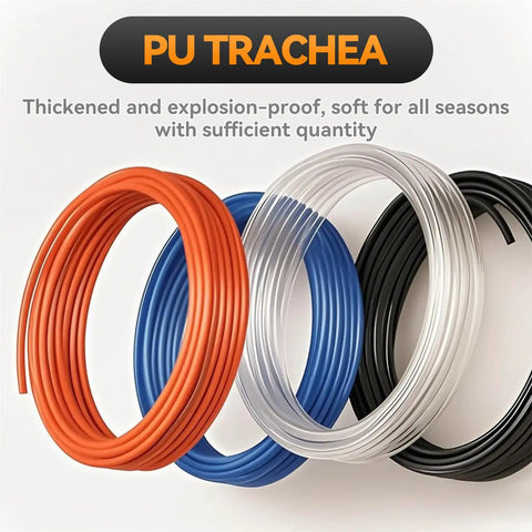 Coiled PU air hoses in orange, blue, white, and black, featuring thickened and explosion-proof design, suitable for all seasons.