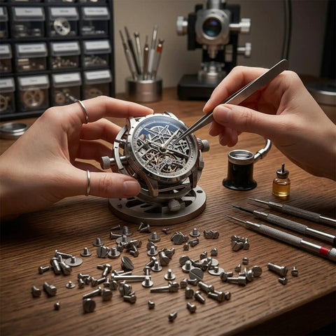 Fast Fixes With These Precision Micro Watch Band Screws That Replace Missing Links And Keep Your Strap Ticking Slick With Zero Stress And A Sharp Silver Finish For Everyday Carry Gear, hands repairing a watch with tools.