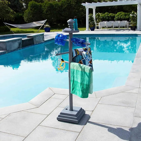 Premium Free Standing Poolside Towel Rack With Water Weighted Base All Weather Ready And Adjustable Three Arm Design near pool