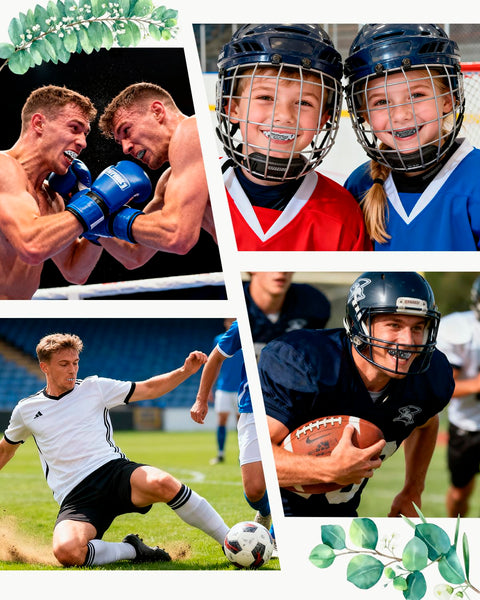 Faith Cross Mouth Guard Set With Case Four Mouth Guards; athletes in boxing, hockey, football, and soccer. Bible verse design.