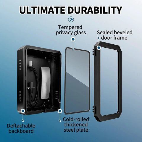 Heavy Duty Outdoor Electric Charger Lock Enclosure Wall Mount protective housing showing detachable backboard and tempered glass.