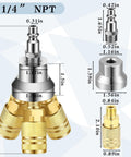 Two Pack 3 Way Air Manifold Hose Splitter Kit With Three Steel Industrial Couplers And Quarter Inch NPT Plug For Compressors Brass Color dimensions