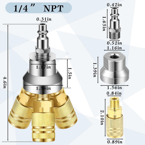 Two Pack 3 Way Air Manifold Hose Splitter Kit With Three Steel Industrial Couplers And Quarter Inch NPT Plug For Compressors Brass Color dimensions