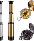 Kid Friendly Pirate Telescope And Compass Kit with gold and silver spyglasses and bronze compasses for themed parties and cosplay.
