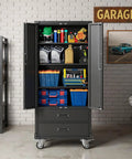 71.7 Inch Metal Storage Cabinet Built Tough With Locking Doors, Two Drawers, Adjustable Shelves, And Mobile Wheels in garage
