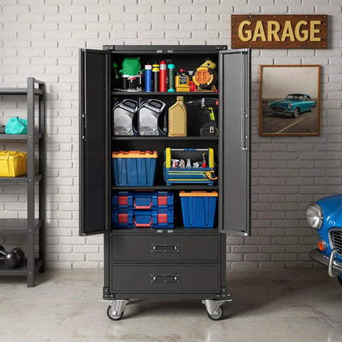 71.7 Inch Metal Storage Cabinet Built Tough With Locking Doors, Two Drawers, Adjustable Shelves, And Mobile Wheels in garage