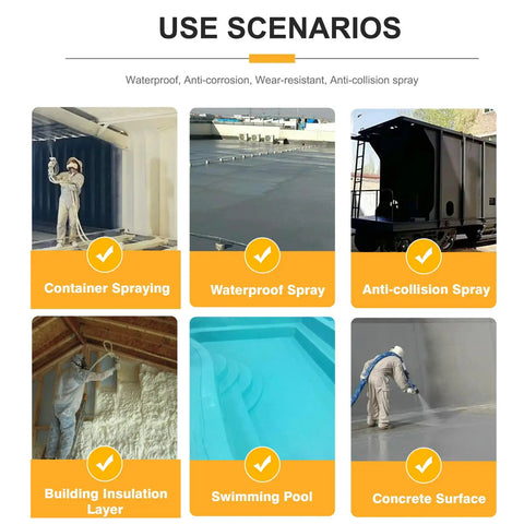Plug And Play 14KW Pneumatic Polyurea And Polyurethane Foam Spray Unit 220V shown in various waterproofing use scenarios.