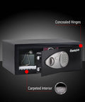 Digital Keypad Safe For Money And Jewelry With Bolt Down Kit, steel safe open showing carpeted interior and concealed hinges