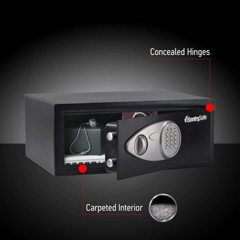 Digital Keypad Safe For Money And Jewelry With Bolt Down Kit, steel safe open showing carpeted interior and concealed hinges