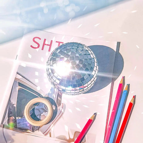 Disco Pen Holder Sequin Desk Organizer With Base That Doubles As Makeup Brush Holder And Pencil Cup For Home Office Classroom Silver Dope Reflective Finish, shown on desk with colored pencils