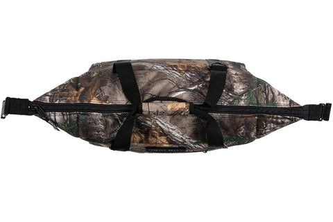 Hella Durable 48 Can Insulated Soft Sided Cooler Featuring Realtree Xtra Camo Shell top view with zipper and straps.