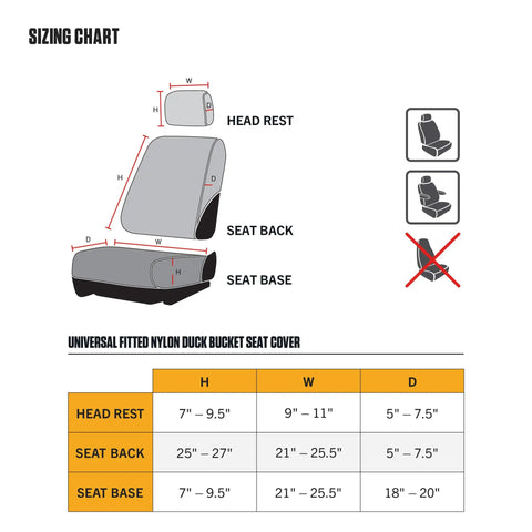 Sizing chart for Universal Nylon Duck Canvas Fitted Bucket Seat Cover For Work Trucks, Waterproof Seat Protector dimensions