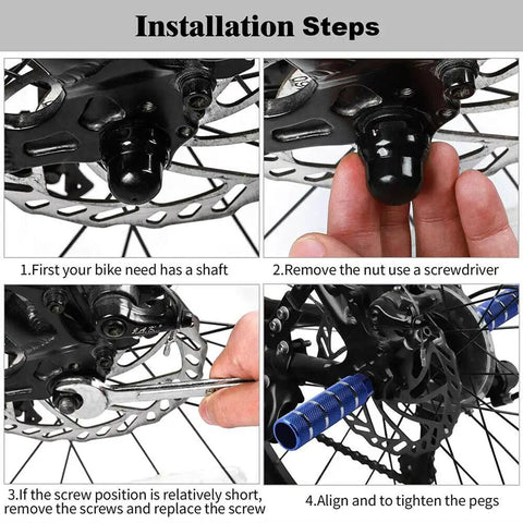 Installation steps for Three Eighths Inch Aluminum Bike Pegs Set With 26 Teeth Anti Skid Foot Pedals, showing mounting on bike axle.