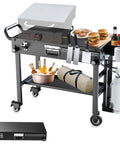 Your Go-To Portable Grill Cart For Blackstone 17 And 22 Inch Griddles With Foldable Stand, Easy Roll Wheels, Handy Storage Shelf, And Gas Tank Holder; Works With Ooni 12 Inch Pizza Ovens And Ninja Woodfire Grills in use, showcasing griddle with food, storage shelf with bottles, and gas tank holder.