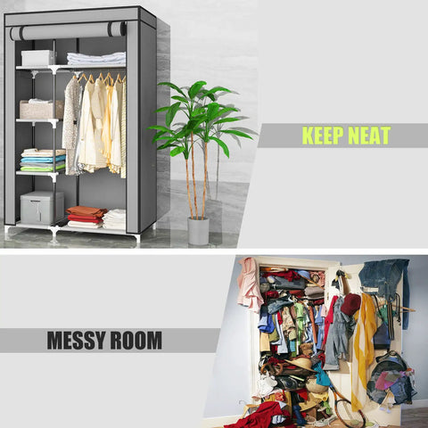 Comparison of a neatly organized portable closet wardrobe with fabric shelves and a messy room, showcasing storage efficiency.