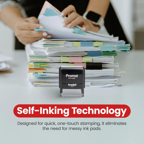 Self Inking Rubber Stamp For Quick, Clean Marks At Home Or Office, Large Impression Area Nine Sixteenths By One And A Half Inches, Refillable Ink For Long Lasting Use on desk