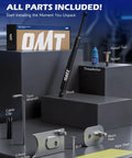 Dodge Ram Tailgate Lift Assist Kit components including shock, nutsert tool, threadlocker, wrench, bolts, and mount plates.