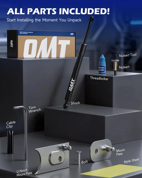 Dodge Ram Tailgate Lift Assist Kit components including shock, nutsert tool, threadlocker, wrench, bolts, and mount plates.