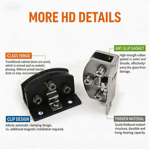 Heavy Duty No Drill Glass Door Hinges 4 to 7 Mm Glass, silver zinc alloy front clamp, anti-slip gasket, close-up view.