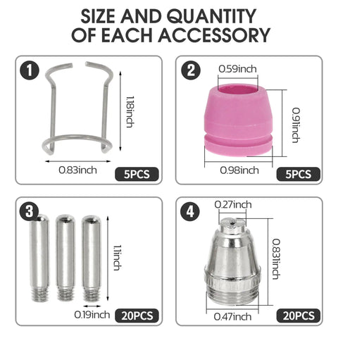 Diagram showing parts of 0.45 Inch Plasma Cutter Nozzles Tip Consumables 50 Pack For AG-60 WSD-60 SG-55 with sizes and quantities.