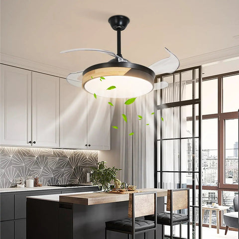 Ceiling Fan with Light 42 Inch Modern Round Chandelier Wireless Control in a stylish kitchen with wooden accents.