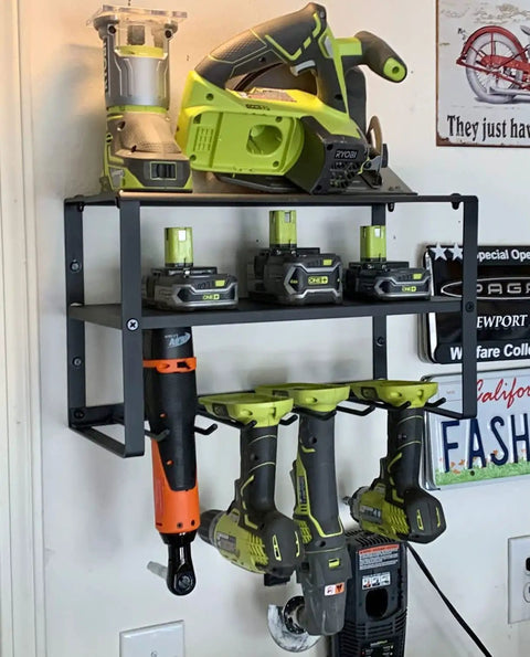 Built Tough 3 Tier Garage Tool Organizer Rack For Drills And Hand Tools Carbon Steel Wall Mount Shelf with power tools hanging