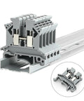 UK-2.5B Din Rail Wire Terminal Block 100Pcs for 12-22 AWG, insulated, high temp, side view on DIN rail, close-up inset shown