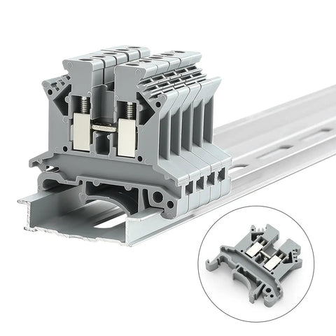 UK-2.5B Din Rail Wire Terminal Block 100Pcs for 12-22 AWG, insulated, high temp, side view on DIN rail, close-up inset shown