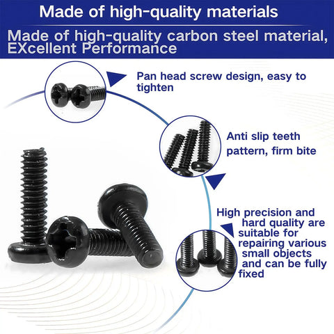 Tiny Micro Repair Screws Set In Black Carbon Steel Phillips Pan Head M1 To M1.7 For Eyeglasses Watches Clocks And Mobile Phones 1000Pcs Assorted Small Machine Screws In Clear Box with pan head and anti-slip teeth design.