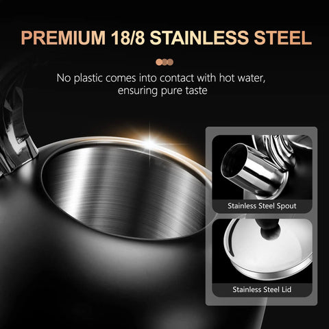 Old School Vintage Style Whistling Tea Kettle With Ergonomic Handle 3.17 Quart Premium Stainless Steel Teapot spout and lid