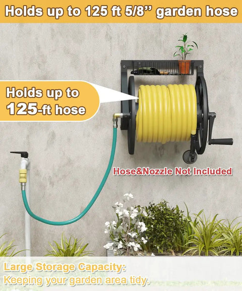 Triangle Wall Mounted Garden Hose Reel System Heavy Duty Outdoor Hose Holder And Winder installed on wall with yellow hose