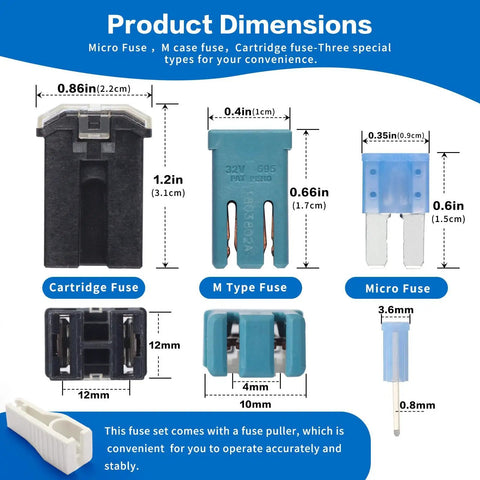 Product dimensions of Dodge Ram Micro Fuse Kit with Micro, M-Type, and Cartridge fuses for 2013-2022 Ram 2500 3500 and Jeep Grand Cherokee