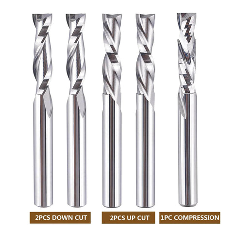 Five Piece CNC Router Bit Set For Serious Woodworking Enthusiasts With One Quarter Inch Shank And One Quarter Inch Cutting Diameter
