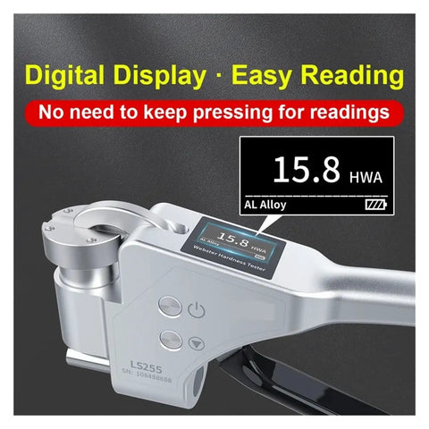 Lightweight Portable Digital Aluminum Hardness Tester Straight Shooter With Auto Scale Conversion And No Sweat Calibration For Aluminum Alloys showing clear digital readout of 15.8 HWA.