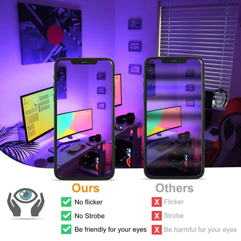Comparative view of RGB LED flood lights through smartphones, highlighting no flicker and eye-friendly features, indoors.