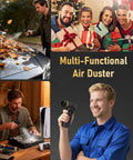 Man using Electric Air Duster With 180000 RPM Brushless Motor to clean PC and car in different settings.
