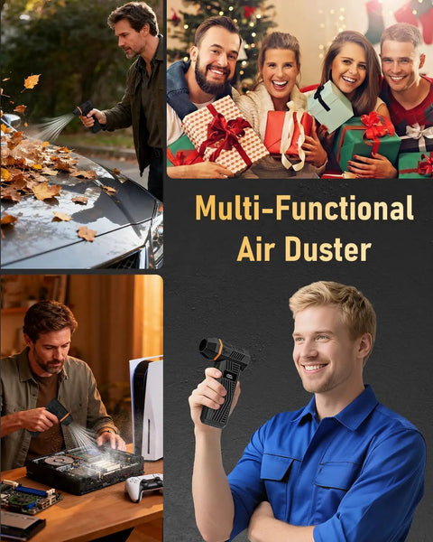 Man using Electric Air Duster With 180000 RPM Brushless Motor to clean PC and car in different settings.