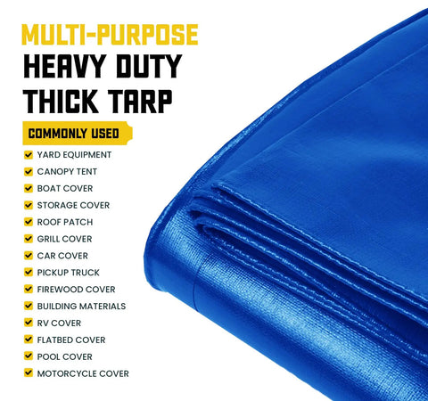 Folded blue Beefy Heavy Duty 20 Mil Tarp Cover Waterproof UV Resistant Rip And Tear Proof Poly Tarpaulin with reinforced edges visible