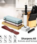 Pro Grade Knife Sharpening Stone Kit With Double Sided Whetstones 400 1000 And 3000 8000 next to knife block and accessories