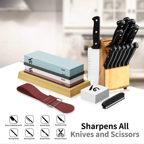 Pro Grade Knife Sharpening Stone Kit With Double Sided Whetstones 400 1000 And 3000 8000 next to knife block and accessories