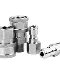Set Of 4 NPT 3/8 Inch Pressure Washer Quick Connect Couplers With Stainless Steel Male And Female Fittings displayed together