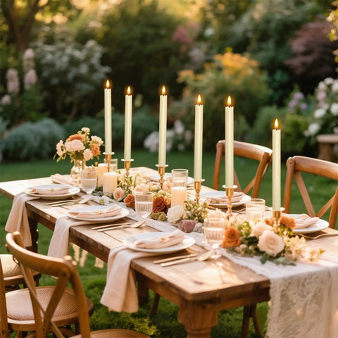Ivory Flameless Taper Candles With Timer 6 Pack Battery Operated LED Flickering 3D Flame Real Wax Candles on garden table