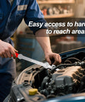 Mechanic using Extra Long Wrench Extension Bar for Maximum Leverage 16 Inch Universal Torque Adaptor Wrench in engine bay