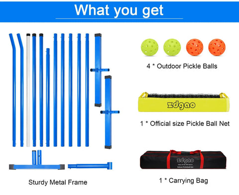 Portable Pickleball Net Set For Driveway With Regulation 22 Foot Net Weather Resistant Steel Frame Easy Setup Includes Carrying Bag And Four Pickleballs For Backyard Fun And Casual Matches components shown
