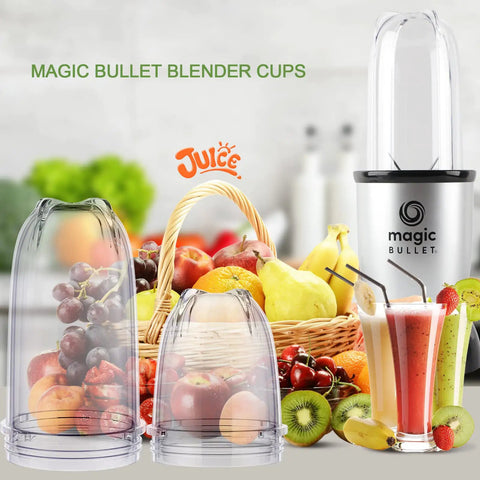 3 Pack Replacement Cups For 250W Personal Blenders with fruit basket, showing 16 Oz Tall Cup and 12 Oz Short Cup next to blender