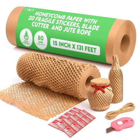 Extra Wide Honeycomb Packing Paper For Moving 15 By 131 Inches 80 GSM Eco Friendly Cushioning With 20 Fragile Stickers Plus 16 Ft Jute Twine And Cutter The Easy Alternative To Bubble Wrap For Shipping, showing roll, stickers, twine, and cutter