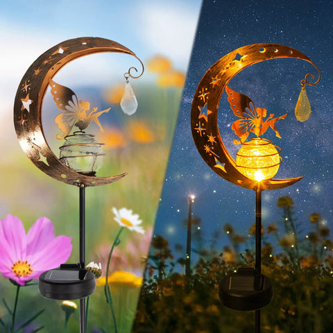 Moon Fairy Garden Solar Light Glass Globe With Angel Decor, Waterproof Warm LED Pathway Lights glowing in garden