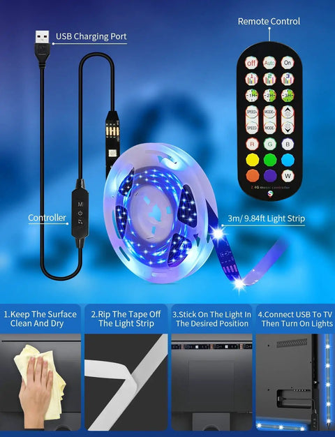 9.8 Ft USB Powered RGB LED TV Backlight Strip For 32 To 60 Inch Televisions With Remote Bluetooth App Control And Music Sync