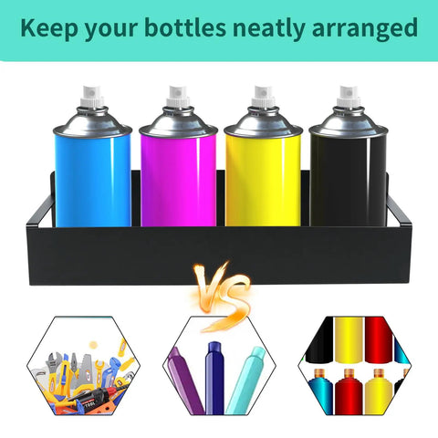 Front view of 8 Pack Magnetic Spray Can Holders Wall Mounted Set For Garage And Home Workshop with spray cans displayed.
