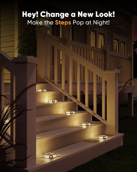 8 Pack Solar Deck Lights Outdoor Waterproof LED Dusk To Dawn For Backyard Garden Pathway Walkway Patio And Sidewalk 12 LED Solar Dock Lights Marine Grade Warm White illuminating outdoor steps at night